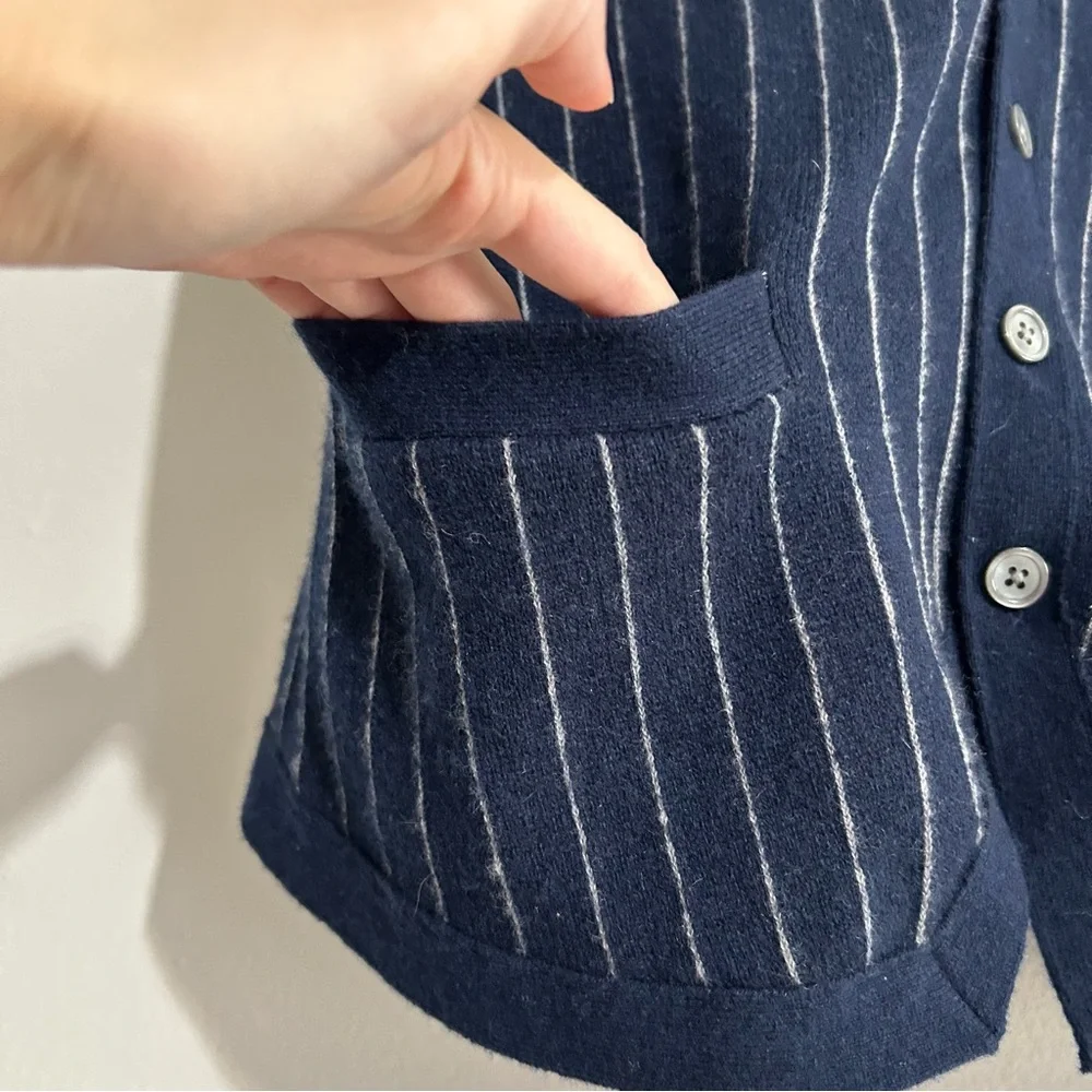 J. Crew Cashmere Blend Cardigan Sweater Vest Pinstripe Navy Preppy Old Money